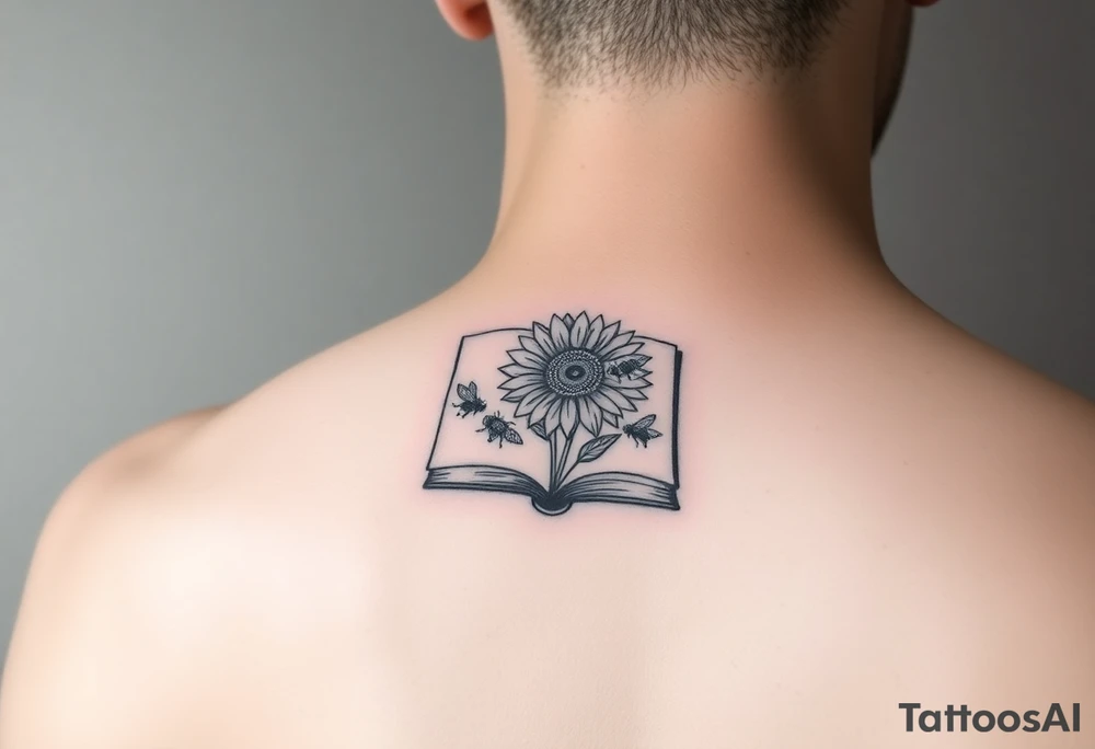 A book with a sunflower and bees as one page tattoo idea
