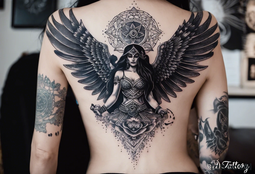 black kali, goddess pirate, alien, angel, pachamama, valkrye, warrior, flying, skull, lotus azul, wing, eagle, zenza resonance, stars, 5D, anahata chakra, death, durga, riding on a tiger, flying lady, chest tatoo tattoo idea