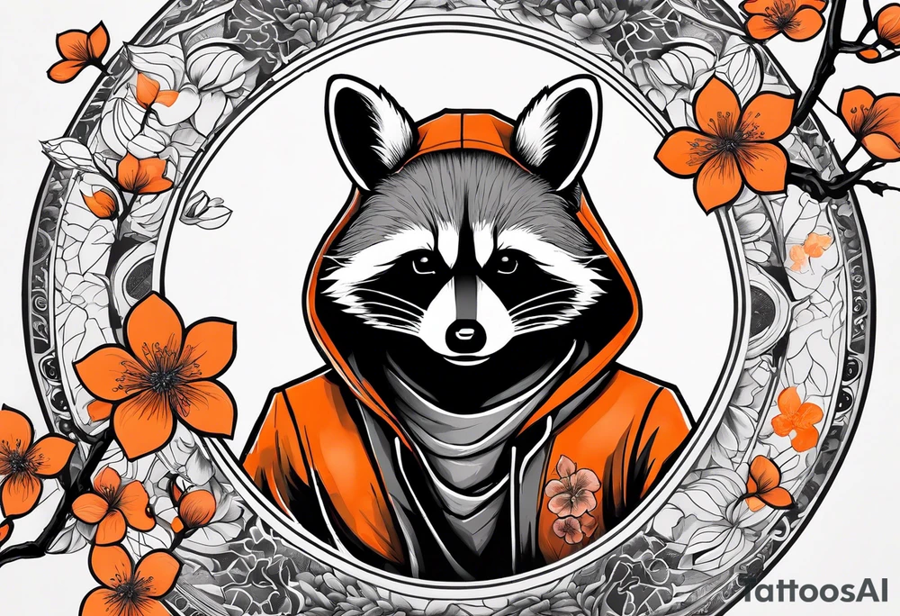 Raccoon wearing a white Superman logo on a black hoodie and orange Japanese cherry blossoms beside tattoo idea