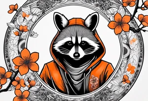 Raccoon wearing a white Superman logo on a black hoodie and orange Japanese cherry blossoms beside tattoo idea