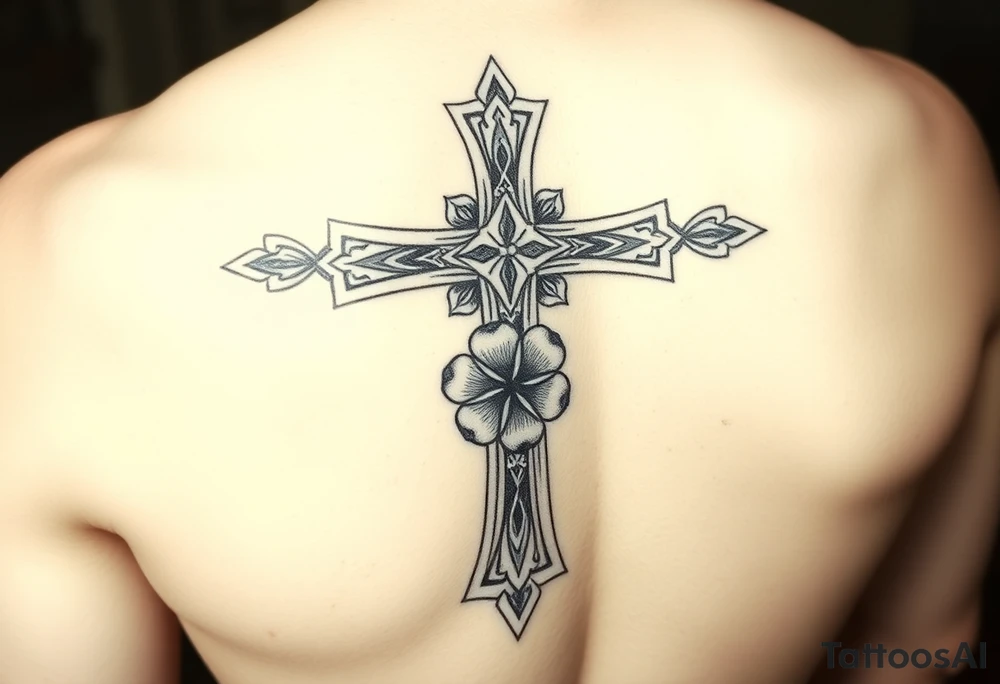 a celtic cross with irish inspired details and a four leaf clover tattoo idea
