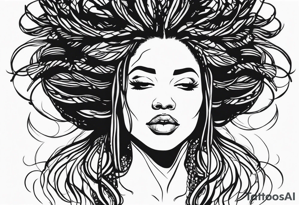 Draw a women head with dread locks flying in the air tattoo idea
