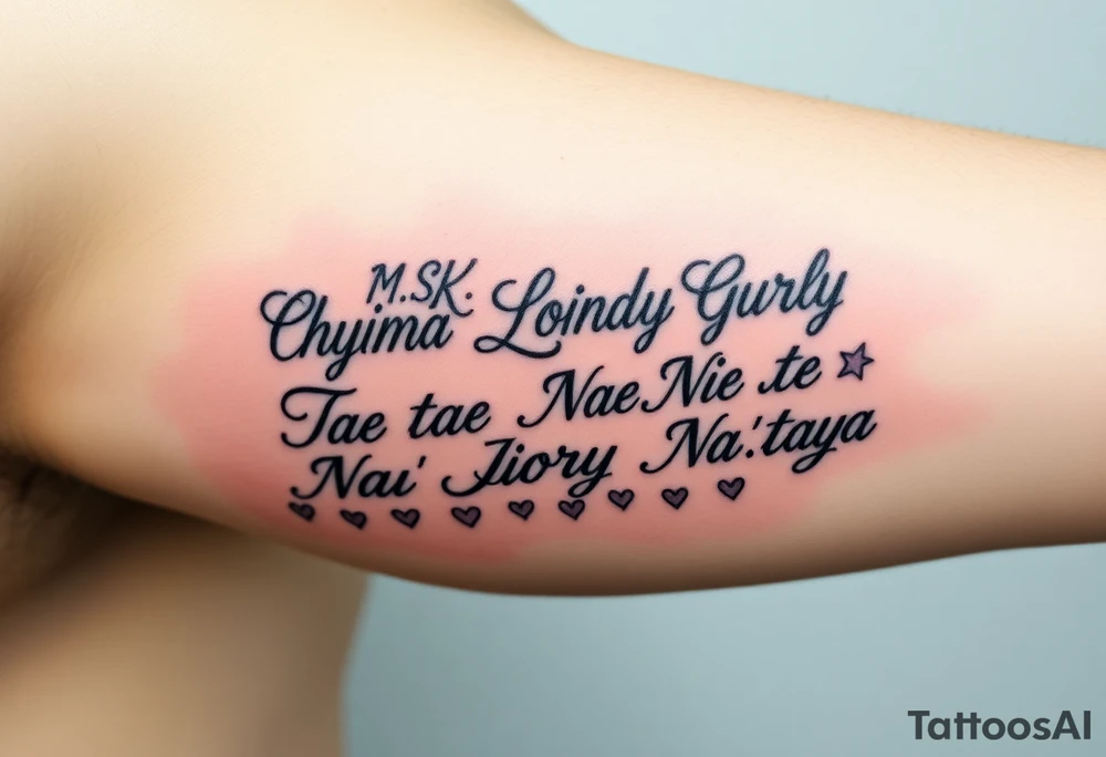 Cursive words that say, M.S.K

Chyna
Londyn
Gurly 
Tae tae 
Na’Jorya 
Na’taya, surrounded by little hearts & stars tattoo idea
