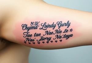 Cursive words that say, M.S.K

Chyna
Londyn
Gurly 
Tae tae 
Na’Jorya 
Na’taya, surrounded by little hearts & stars tattoo idea