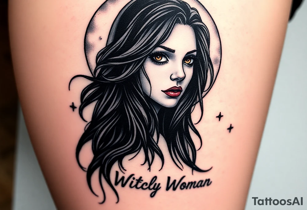 Mystical / detailed realism gothic style
Placement: thigh
 Full moon, raven-haired woman with glowing brown eyes
 Fog and stars (if that’s what you meant?)
Witchy Woman” song lyrics incorporated based off the song  witchy woman tattoo idea