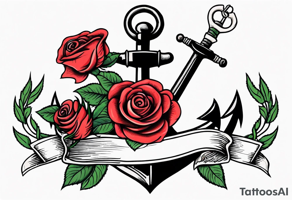 old school anchor with rope wrapped around anchor and banner across anchor and old school roses tattoo idea