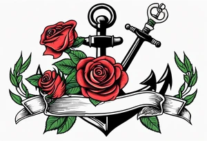 old school anchor with rope wrapped around anchor and banner across anchor and old school roses tattoo idea