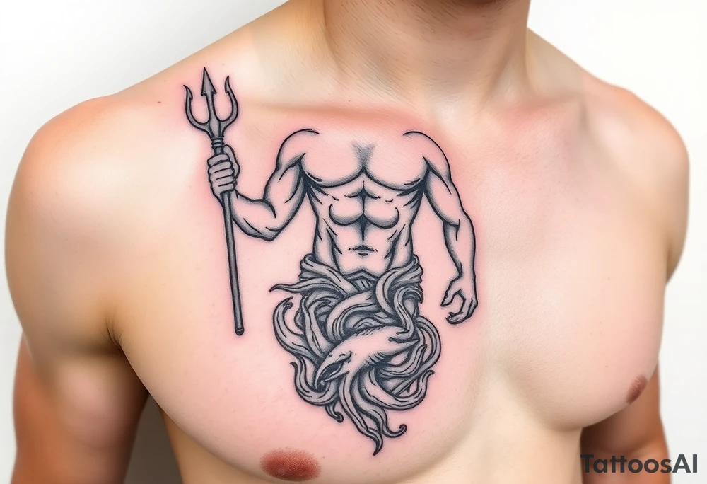 Poseidon showing torso and trident and lower down sea creatures swirling around him tattoo idea