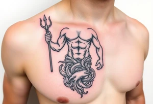 Poseidon showing torso and trident and lower down sea creatures swirling around him tattoo idea