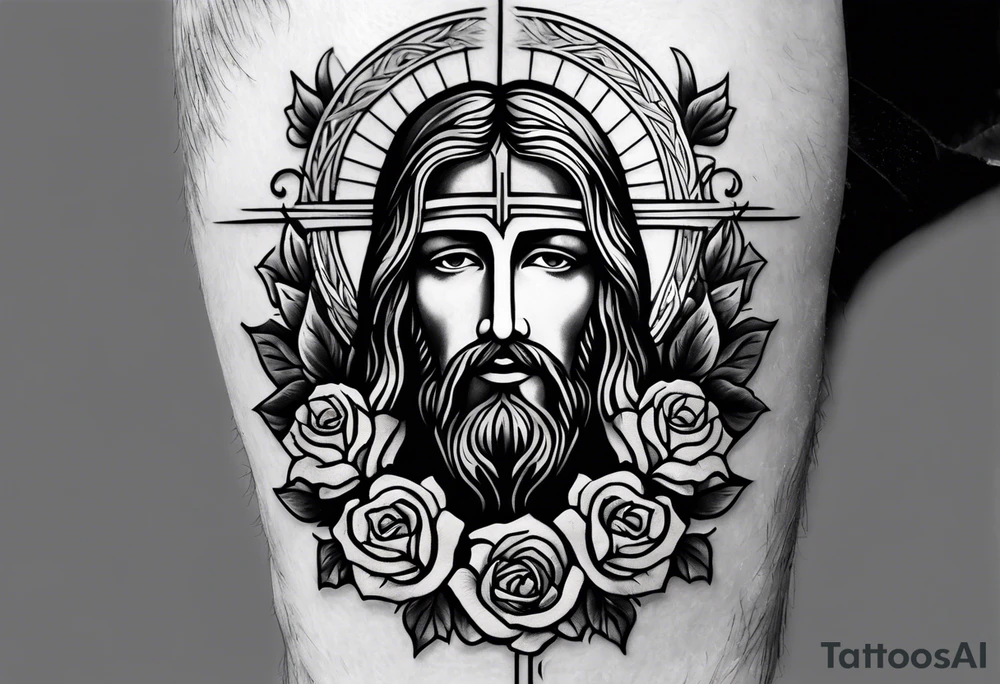 make a forearm sleeve that portraits Jesus Christ cross and mountains with roses tattoo idea