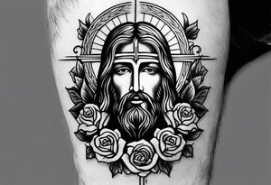 make a forearm sleeve that portraits Jesus Christ cross and mountains with roses tattoo idea