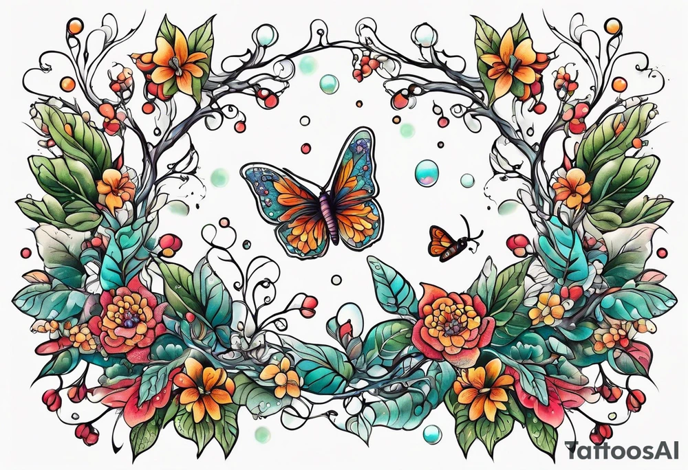 Winding branches and leaves and tiny flowers with a small moth and bubbles tattoo idea