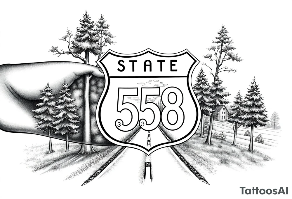 Arm sleeve State Route sign 558, with trees all around and farm in background, road w/ view tattoo idea