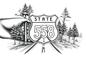 Arm sleeve State Route sign 558, with trees all around and farm in background, road w/ view tattoo idea