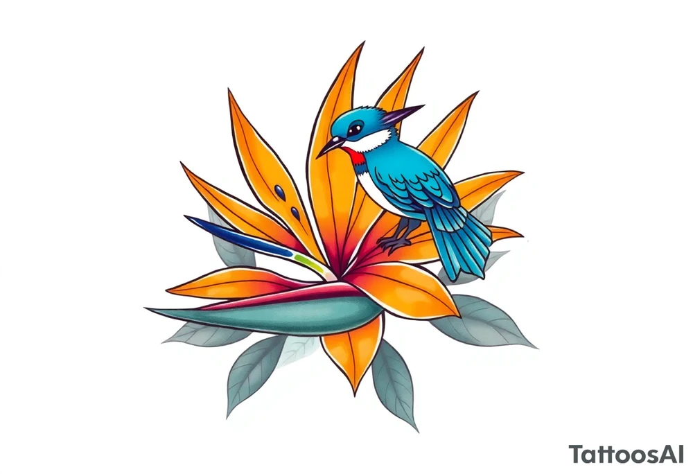 Bird of paradise flower with blue bird tattoo idea