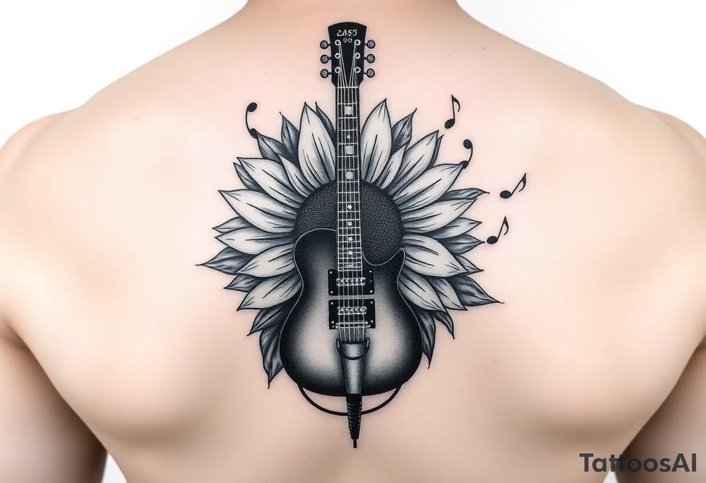 sunflower with a guitar behind at an angle with music notes flowing through and a microphone tattoo idea