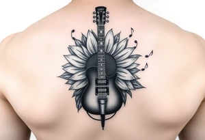 sunflower with a guitar behind at an angle with music notes flowing through and a microphone tattoo idea