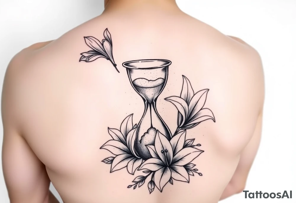 Hourglass, lillies, realistic, black and white tattoo idea