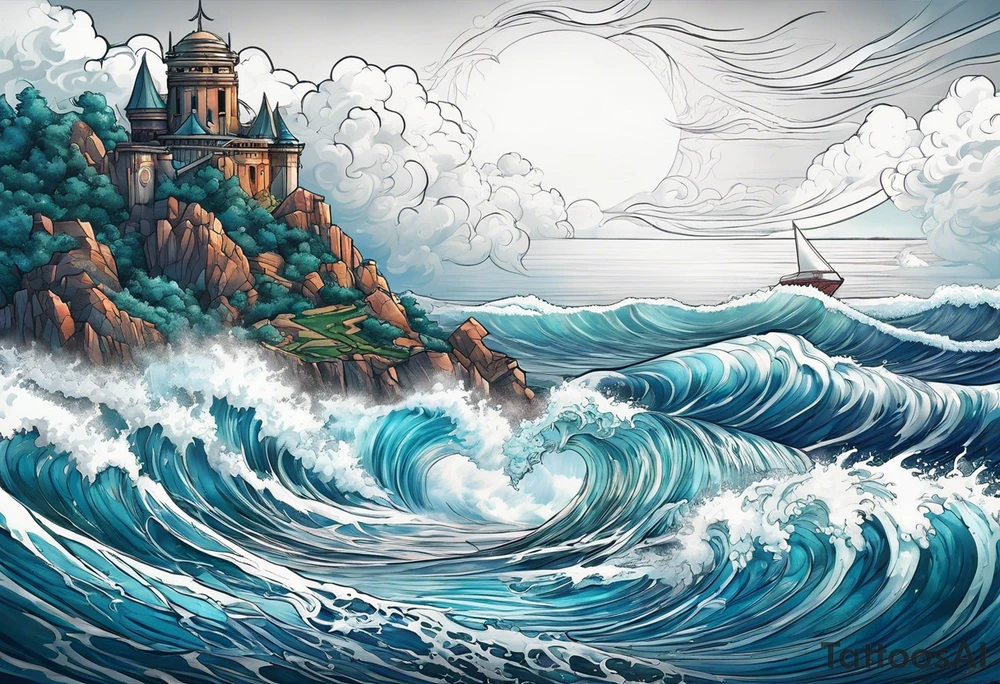 Trident with waves crashing and Atlantis in the background tattoo idea