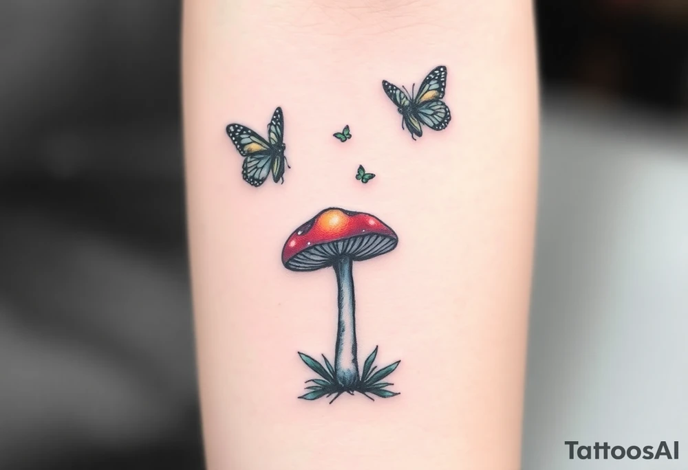 colorful 
mushroom with 2 butterflies above it on your lower inner arm tattoo idea