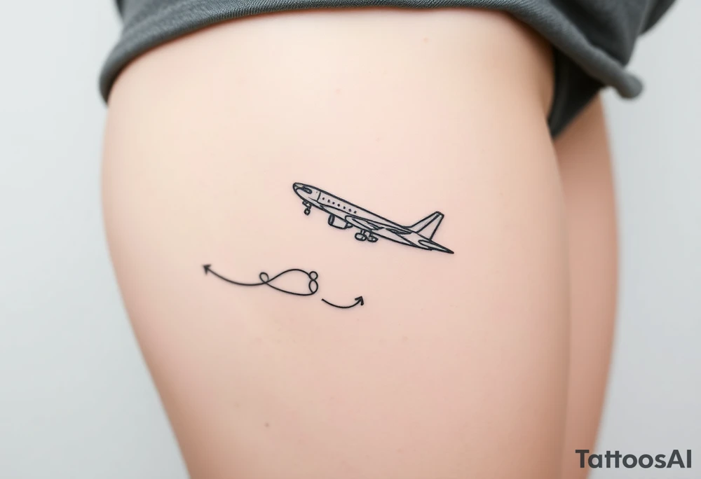 Line tattoo scene with plane, play symbol, pause symbol, stop symbol, rewind symbol, mental health awareness tattoo idea