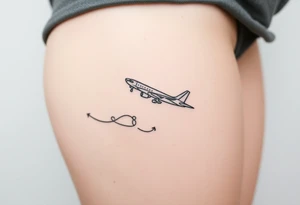 Line tattoo scene with plane, play symbol, pause symbol, stop symbol, rewind symbol, mental health awareness tattoo idea