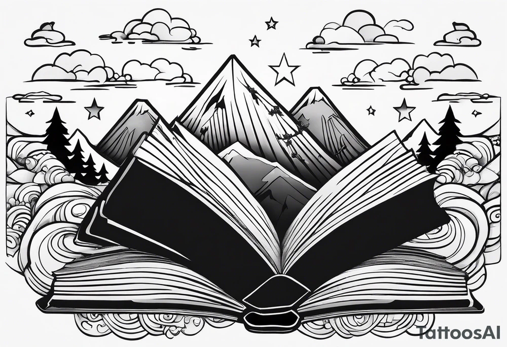 Open book with stars and mountains in a cartoon minimalistic design. Incorporate sushi rolls subtly tattoo idea