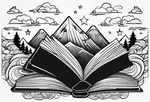 Open book with stars and mountains in a cartoon minimalistic design. Incorporate sushi rolls subtly tattoo idea