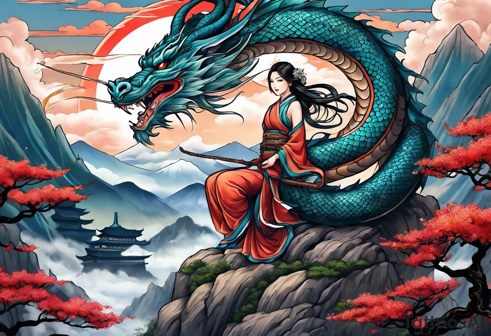 beautiful warrior nymph riding a dragon and the background will be mountains, clouds, and a Japanese building tattoo idea