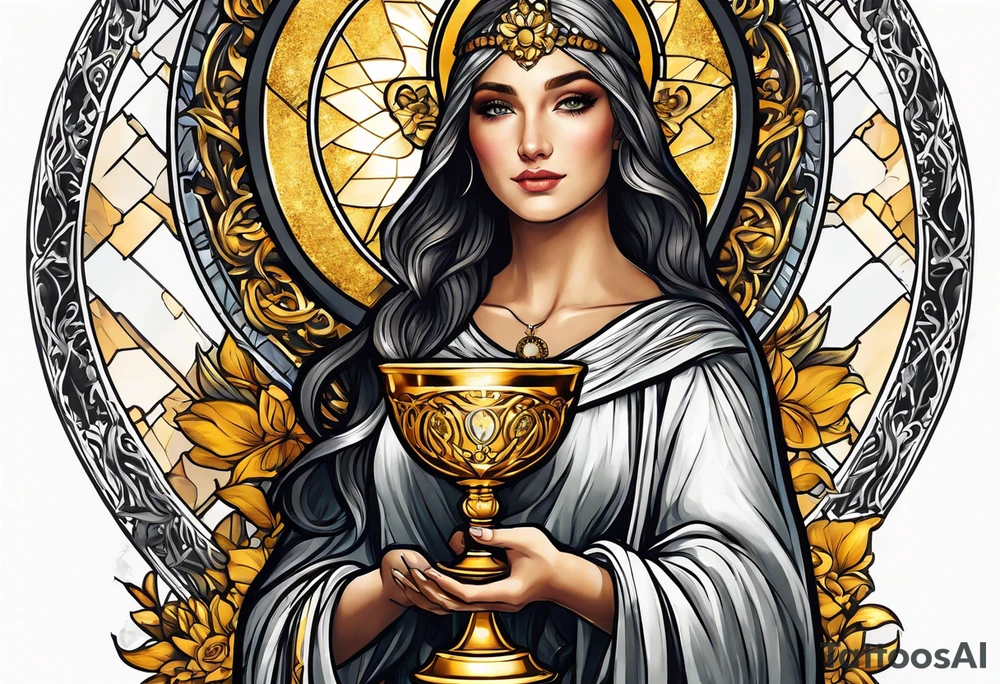 woman saint holding chalice surrounded by golden halo portrait tattoo idea