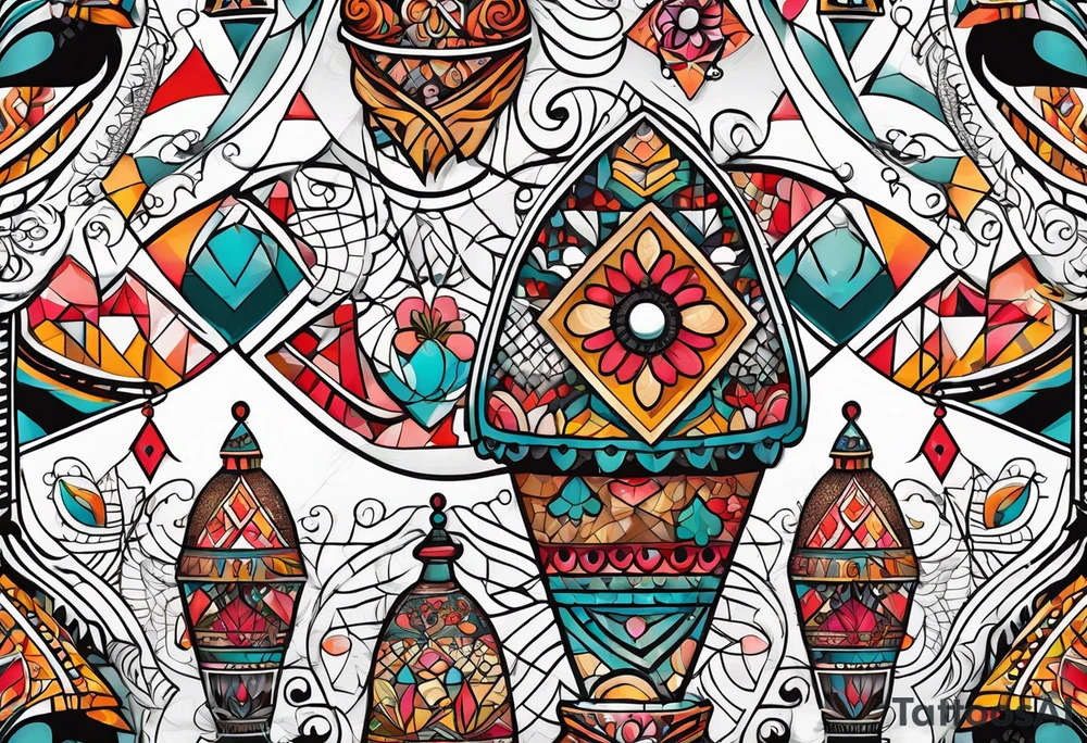 Russian doll with geometric patterns, with lots of designs around the doll tattoo idea