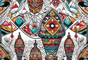 Russian doll with geometric patterns, with lots of designs around the doll tattoo idea
