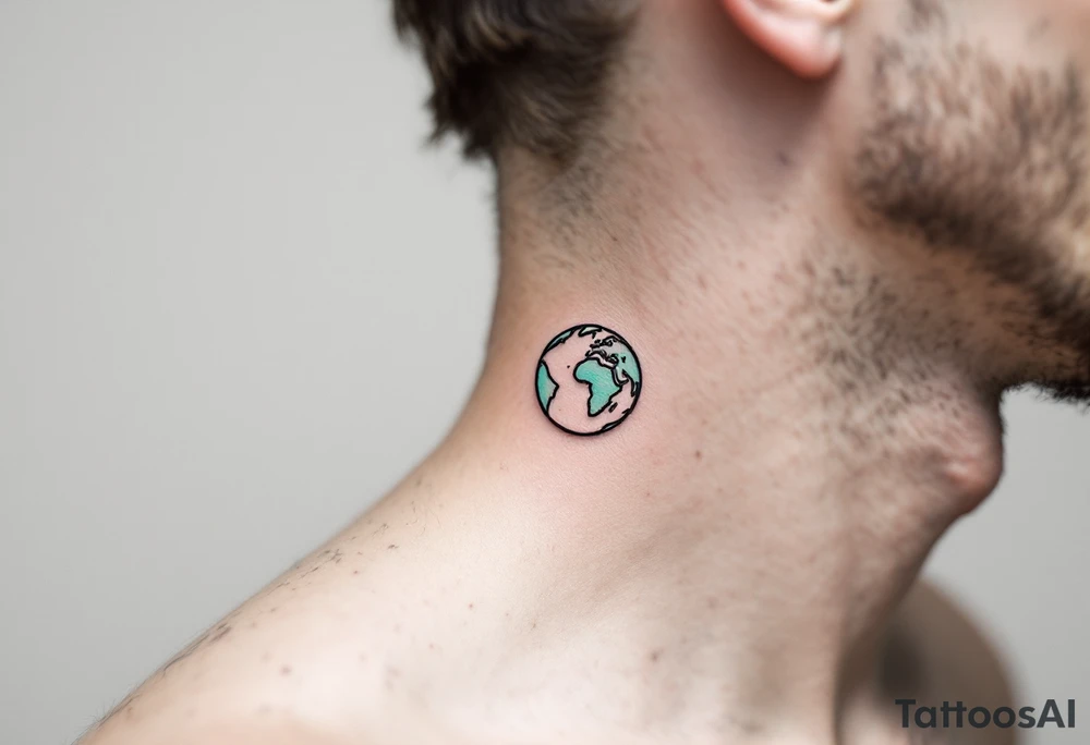 A small, minimalist Earth outlined in black with a hint of aqua and lime shading sits behind the ear. tattoo idea