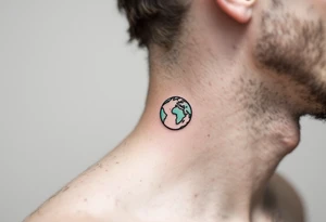 A small, minimalist Earth outlined in black with a hint of aqua and lime shading sits behind the ear. tattoo idea