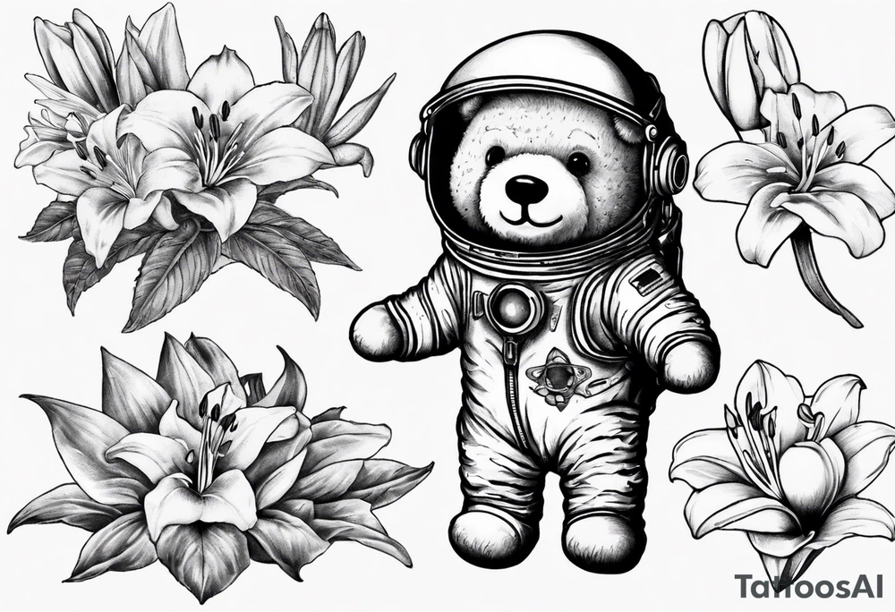 Teddy bear astronaut holding Lily tattoo idea