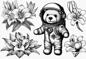 Teddy bear astronaut holding Lily tattoo idea
