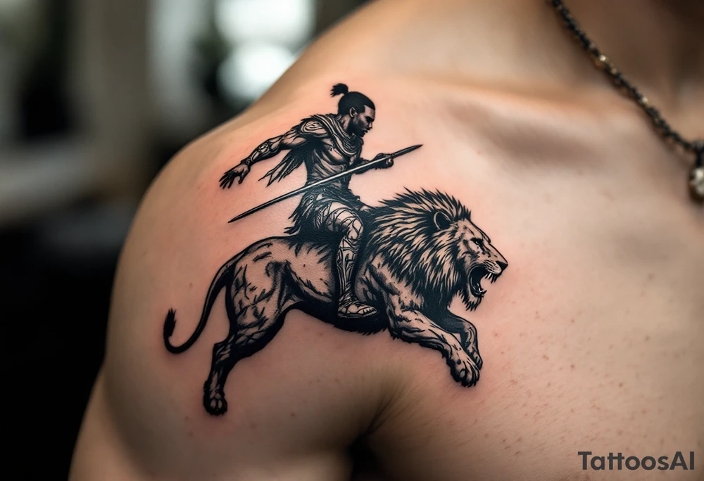 African warrior riding on top of lion into battle tattoo idea