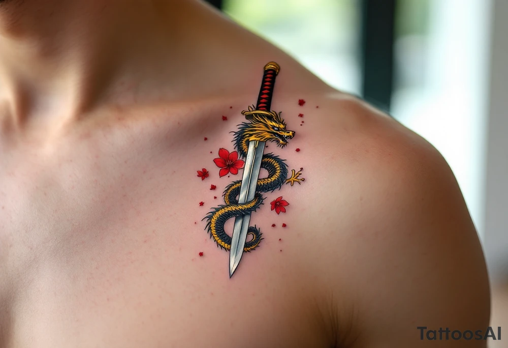 Japanese katana with a slightly curved, polished steel blade reflecting soft light. The hilt is tightly wrapped in black and crimson silk, with a golden oriental dragon coiled around it, its scales shimmering in deep gold and red. Cherry blossom petals drift around the blade, and a faint ink brush wave. tattoo idea