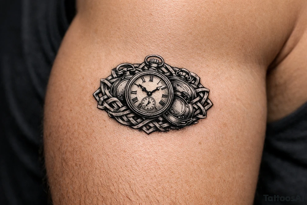Cluster of vintage pocket watches, some open, some closed, woven with Celtic braids. tattoo idea