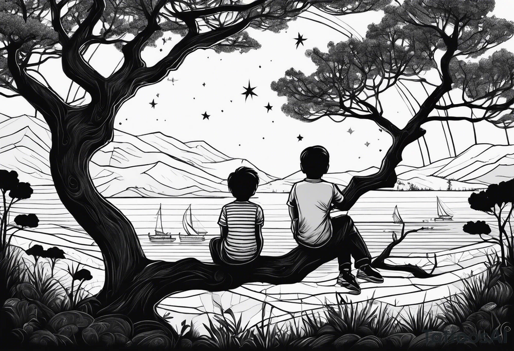 Two siblings watching a starfall by the sea. They are sitting on a tree branch in the woods tattoo idea