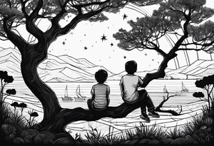 Two siblings watching a starfall by the sea. They are sitting on a tree branch in the woods tattoo idea