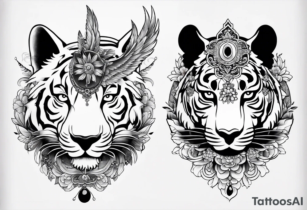 Japanese traditional style black and white Hamsa with tiger and crane tattoo idea