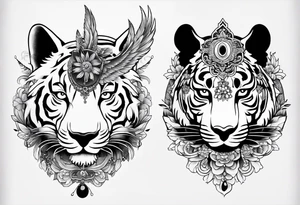 Japanese traditional style black and white Hamsa with tiger and crane tattoo idea