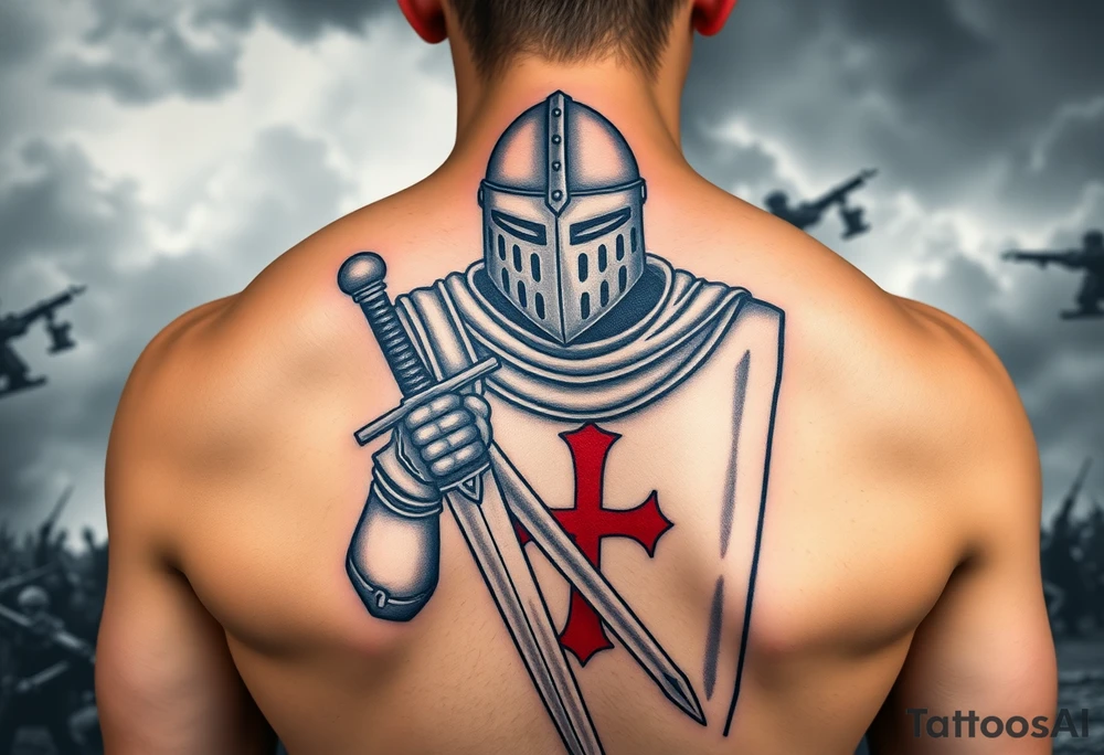 A fierce Templar knight in full armor, gripping a longsword, with a red cross emblazoned on his white tunic, standing against a stormy battlefield. tattoo idea