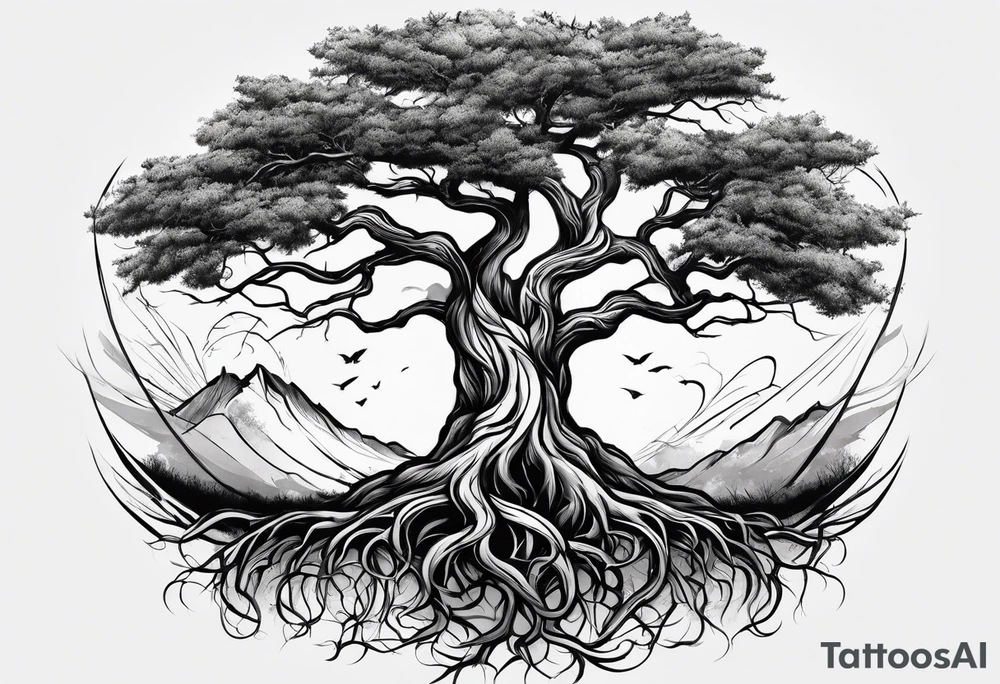Tree roots wrapping around wrist leading to tree around forearm tattoo idea