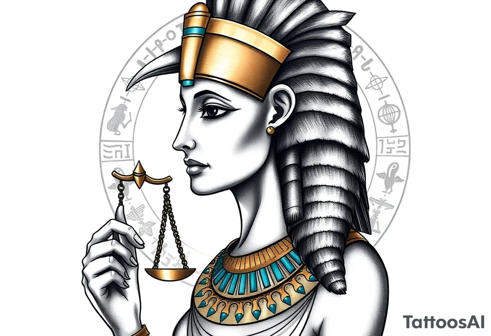 Super realistic tattoo design of the Egyptian goddess Ma’at, depicted as a serene and regal woman with an elegant ostrich feather on her head symbolizing truth and balance, wearing traditional ancient Egyptian attire with intricate gold and turquoise jewelry, holding scales of justice in one hand. The design features detailed facial features with soft natural lighting, realistic skin texture, and subtle shading to emphasize depth and dimension. Background elements include faint hieroglyphics and cosmic symbols representing order and harmony. Style: hyper-realistic, high detail, focused on symbolism and spiritual essence, suitable for upper arm or chest tattoo. tattoo idea
