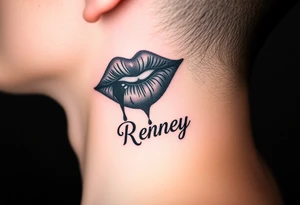 Seductive Stain from lipstick kiss with name Reney lowercase with drool tattoo idea