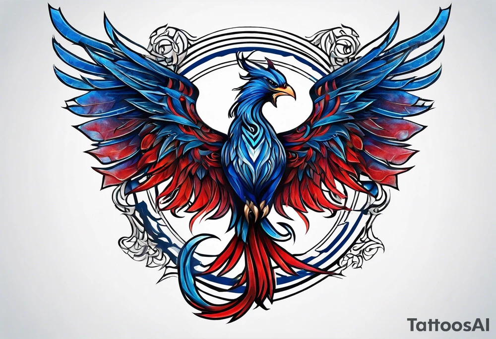 Blue and red Phoenix in a triquetra tattoo idea