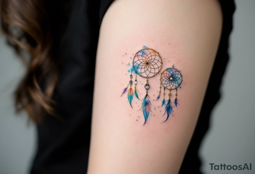 Three delicate dreamcatchers, each woven in a different hue—turquoise, gold, and silver—with small charms representing each person. tattoo idea