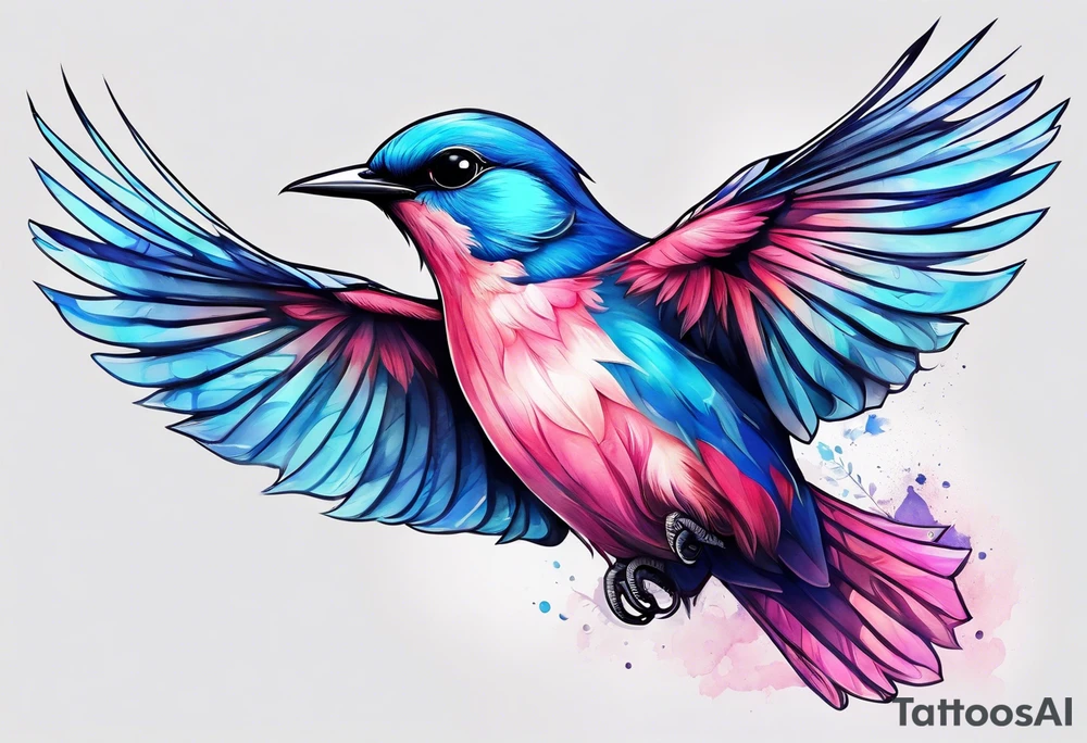 Delicate pink and blue bird in flight tattoo idea